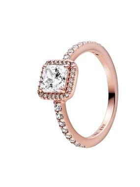 Pandora Rose Gold Halo Ring with Clear Square Center Stone Size 7